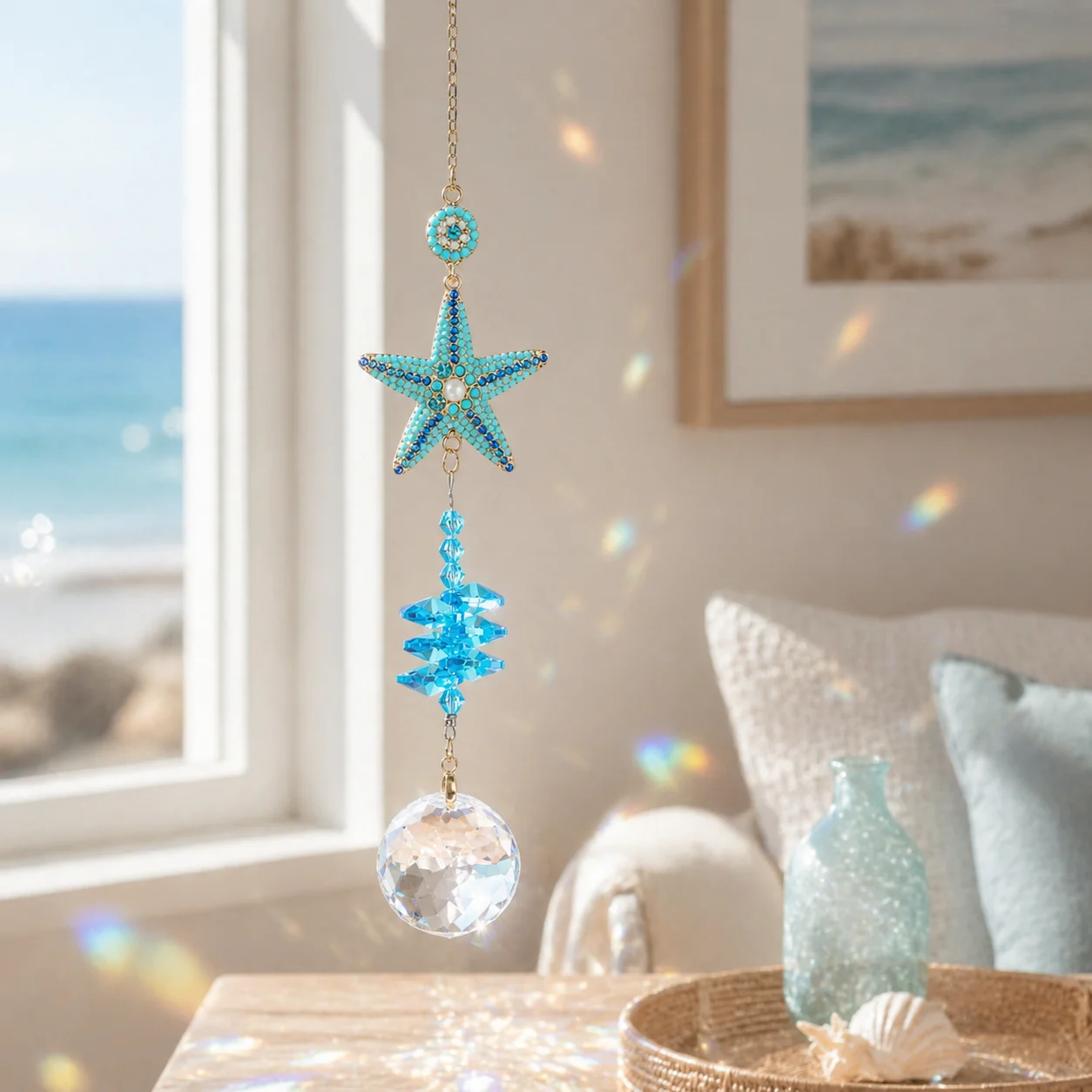 Turquoise Starfish Crystal Suncatcher Hanging Ornament, 40-42cm Window Prism Pendant for Home Car Decor