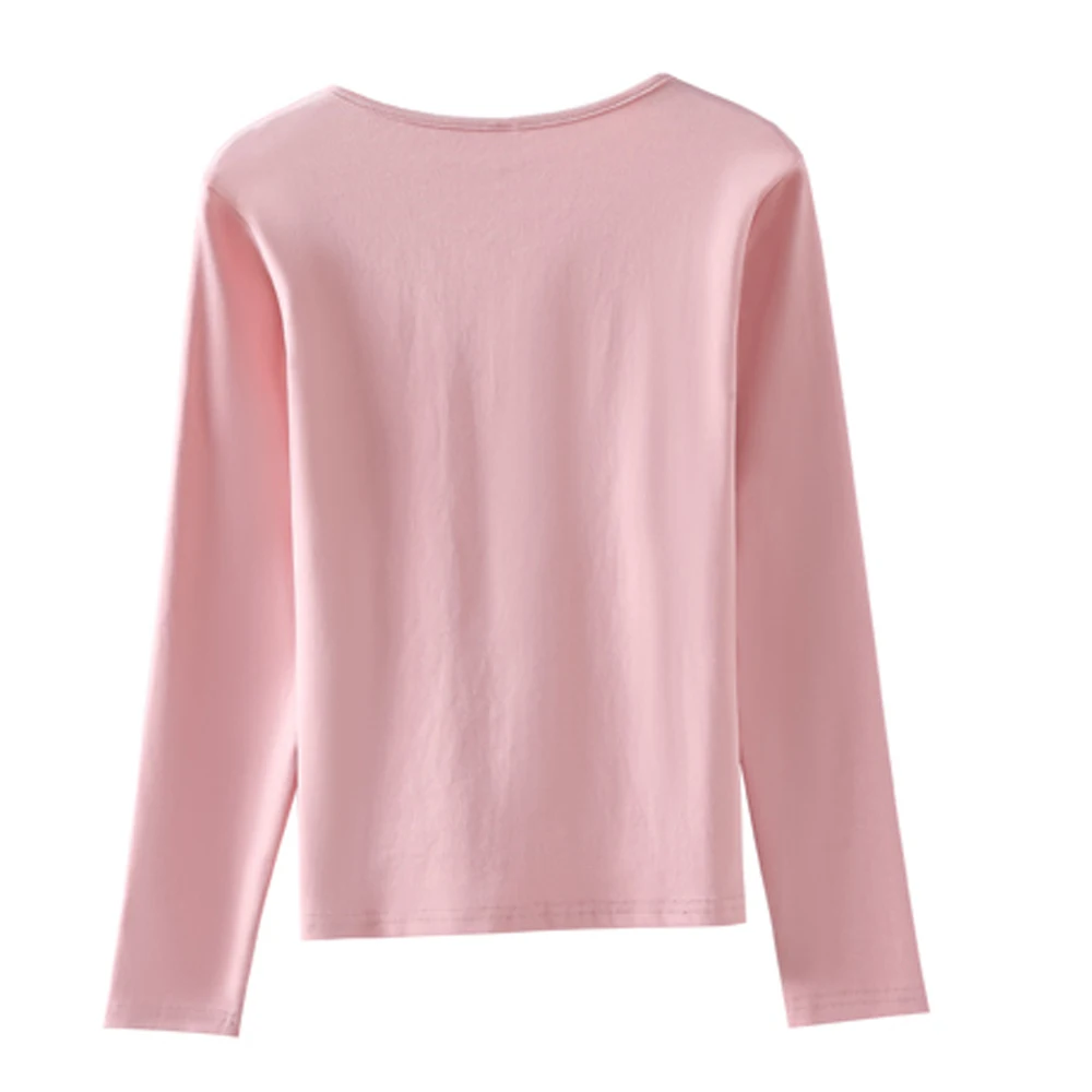 الكورية نمط الوردي طويلة الأكمام تي شيرت المرأة الجديدة الراقية القطن موضة حجم كبير وهمية قطعتين الربط الخامس الرقبة رداء علوي غير رسمي