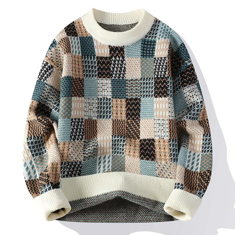 

New Fashion Men Plaid Pullover Winter Sweaters Outwear Loose Casual Knitted Sweaters Male O-neck Pullovers Sweatercoats Size 3XL