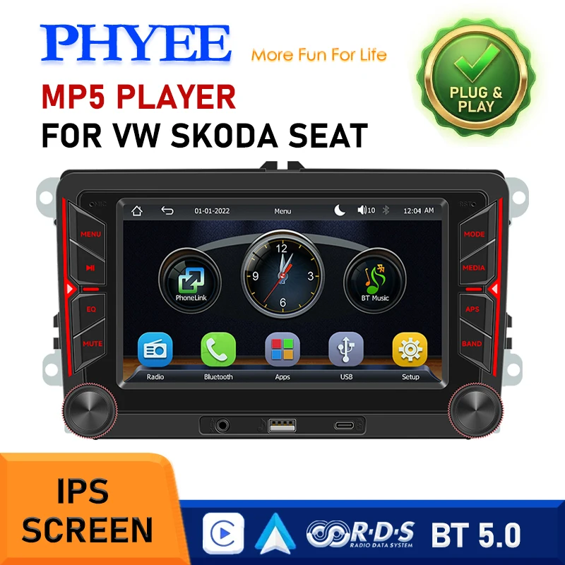 

2DIN 7" Car Radio for VW Golf 5 6, Skoda Octavia, Seat Leon, with Wireless Apple CarPlay / Android Auto, BT, AM FM RDS, MP5 USB
