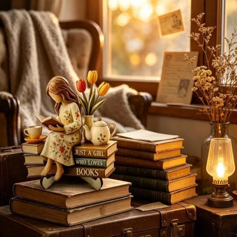 Reading Girl 2D Wooden Figurine, Creative Desktop Ornament for Study Room and Home Atmosphere Decoration