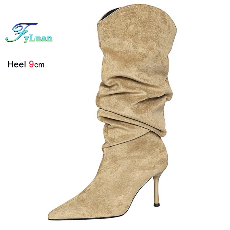 2025 الخريف الشتاء الكاكي الجلد المدبوغ مطوي المرأة فارس الأحذية رقيقة عالية الكعب 9 سنتيمتر أشار تو السيدات حذاء برقبة للركبة مكدسة الأحذية #6