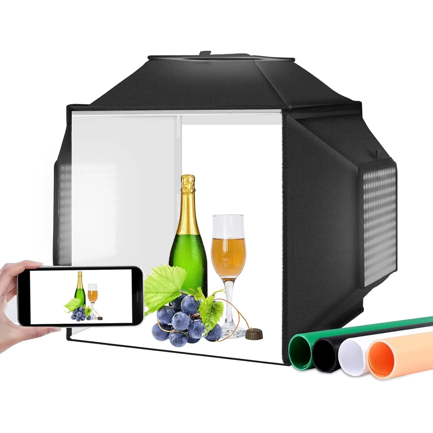 Puluz, verbessertes Fotostudio-Lichtkasten-Set, 40 cm x 40 cm x 40 cm, professionelles, zusammenklappbares 72-W-Fotostudio-Lichtkasten-Set mit 480 LEDs, Softbox-Set für Produktfotografie, 4 Farben,