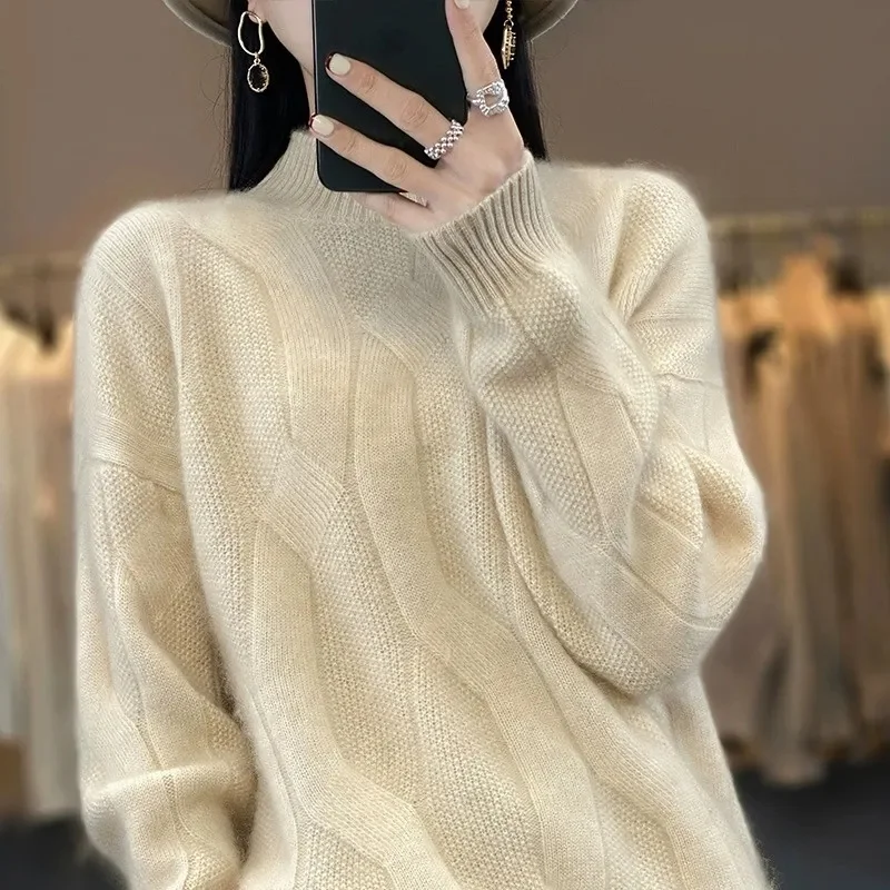 Fashion Basic Autumn Winter Merino Wool Sweater Mock Neck Cashmere Pullover Solid Color Soft Long Sleeve Clothing Tops