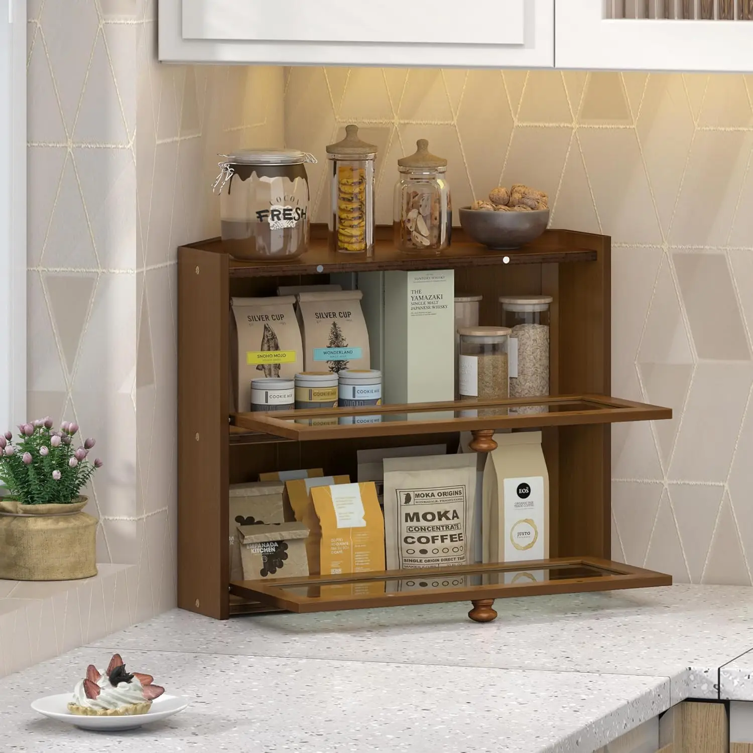 Large Bamboo Corner Bread Box with Window, Farmhouse Style Kitchen Storage Container for Countertop