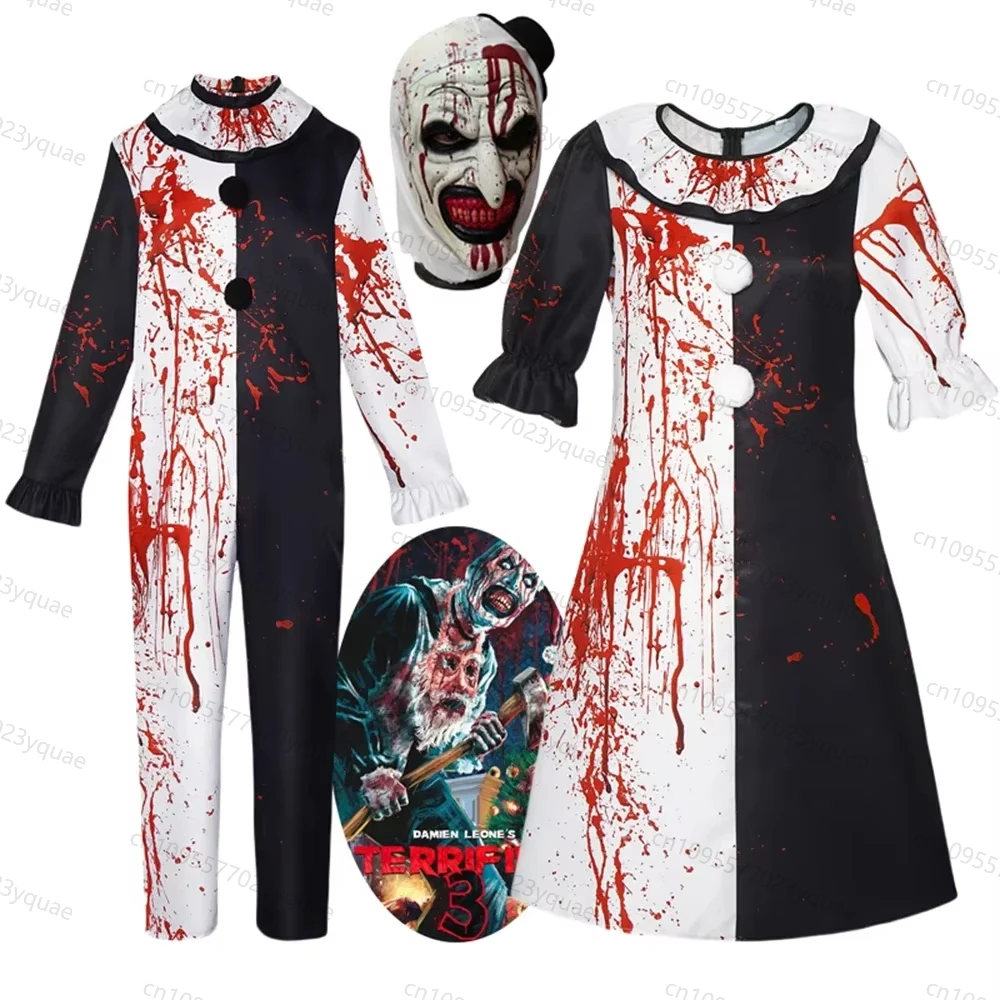 

New Movie Terrifier Clown Cosplay Costume Adult Women Dress Men Bodysuit Bloodstain Jumpsuit Clothing Uniform Halloween Clothes