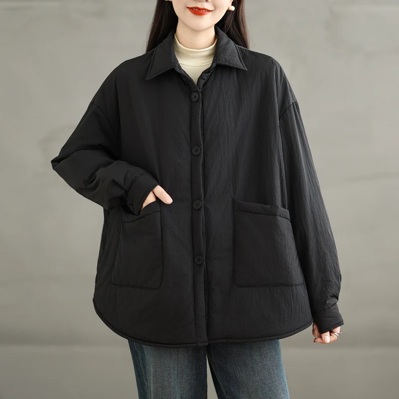 2024 New Arrival Winter Women Casual Loose Warm Thickened Asymmetrical Single Breasted Parker Turn-down Collar Long Sleeve Coats