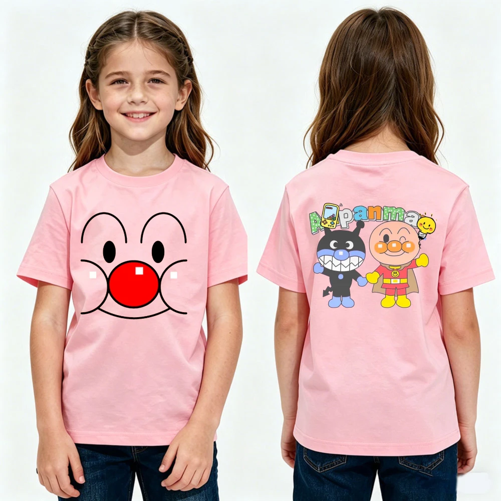 Soreike Anpanman T-Shirt mit großem Gesicht vorne, niedlich, doppelseitig bedruckt, für Kinder, Jungen und Mädchen, lässig, Baumwolle, kurzärmelig, Anpanman-Fans-T-Shirt