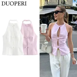 DUOPERI Women Fashion Solid Backless Halter Neck Tops Camisole Sleeveless With Bow Female Chic Lady Casual Tank Vest