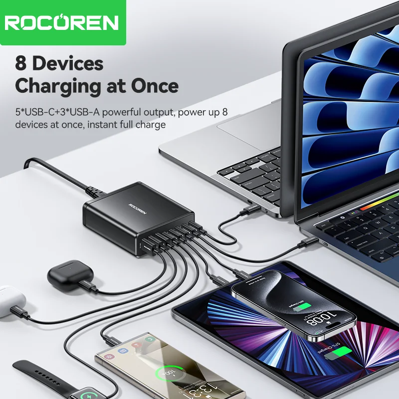 Rocoren 185W Multiple 8 Ports Desktop Charger Fast Charging USB C Type C Power Station For iPhone16 15 14 Pro Max Samsung Xiaomi