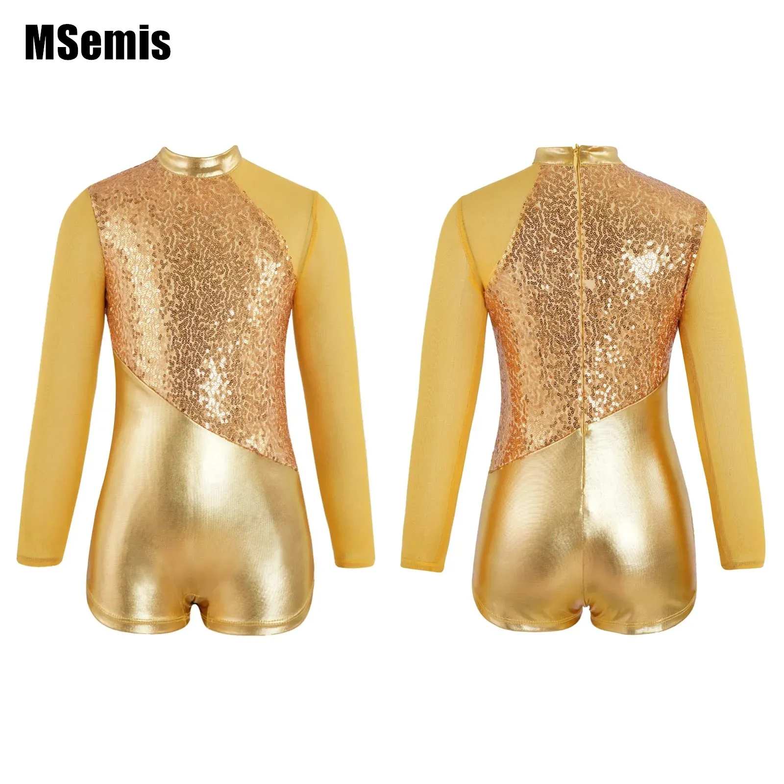 

Kids Girls Sparkling Metallic Sequins Clothing Mesh Patchwork Long Sleeve Round Collar Zipper Back Dance Leotards