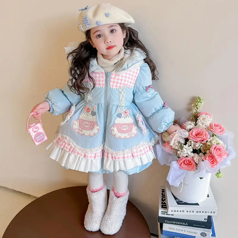 Winter Casual Thicken Mid-Length Hooded Tops Children's Clothing New Kawaii Girl Fashion Keep Warm Cotton-Padded Jacket Student