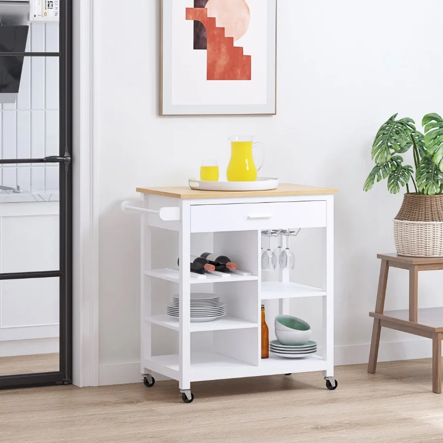 

Mobile Kitchen Island Cart With Open Shelves Drawer Cutting Board Towel Bar Wine Bottle Glass Shelf for Flexible Kitchen Organi