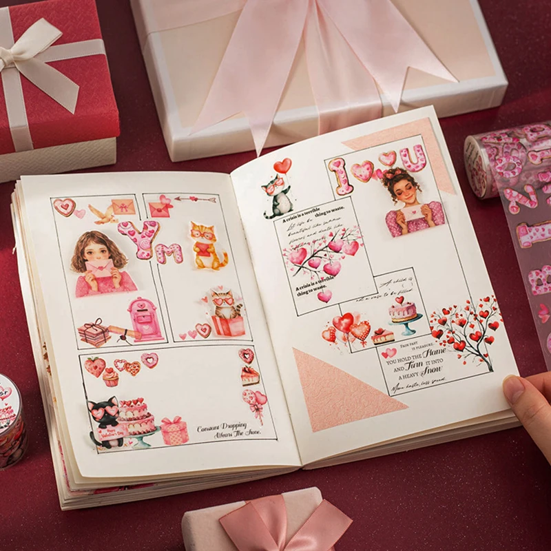 4 لفات - شريط قطع قوالب PET للممر الرومانسي، حيوانات، قلوب، إلخ، يستخدم في سجل القصاصات اليدوية، ومواد المحاسبة