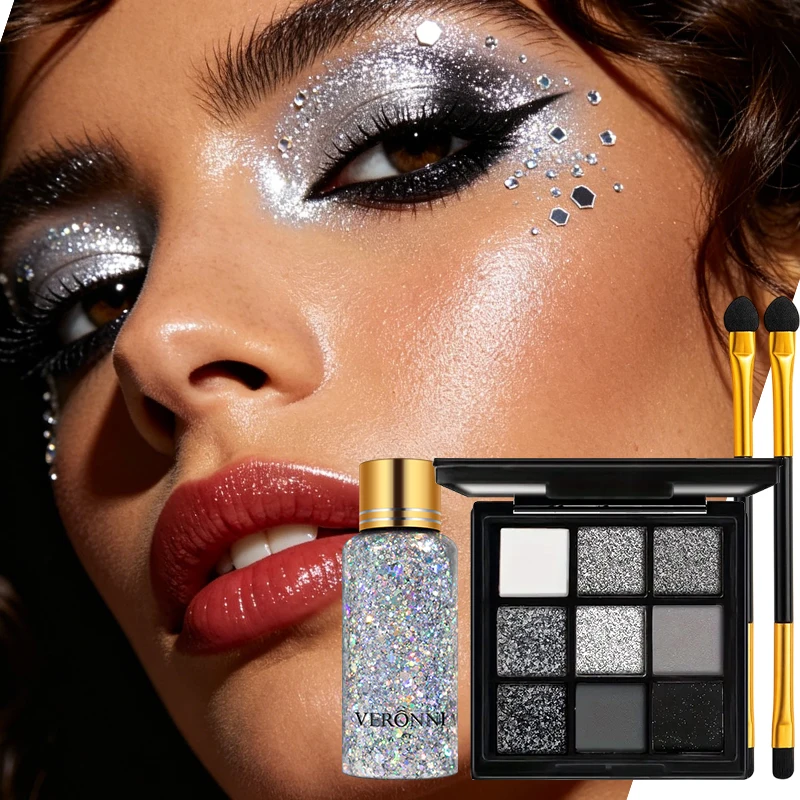 9 Colors Black Smoky Eyeshadow Palette with Holographic Glitter Sequins & Dual‑End Eyeshadow Brushes Halloween Party Makeup Kit