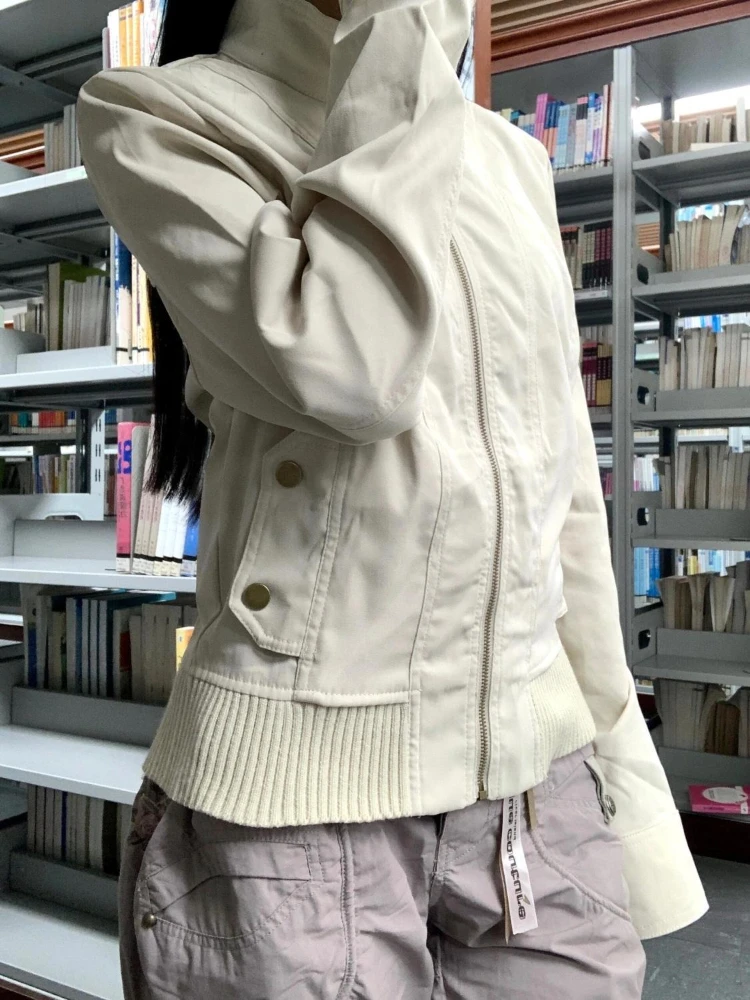 Coreia streetwear y2k chique jaqueta feminina magro casual zíper vintage outwear bolsos gola manga longa casaco 2025 outono novo