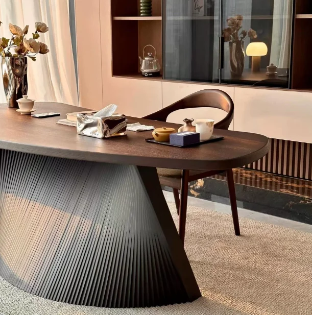 Oval Walnut Coffee Table with Sturdy Tapered Base, 39.4" Fluted Wood Coffee Table, Mid Century Modern Center Tables