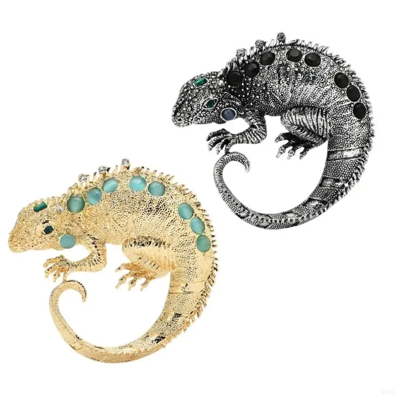 

F2TD Trendy Rhinestones Lizard Brooch Fashionable Animal Shaped Lapel Pin Metal Accessory for Hat and Scarf Decoration