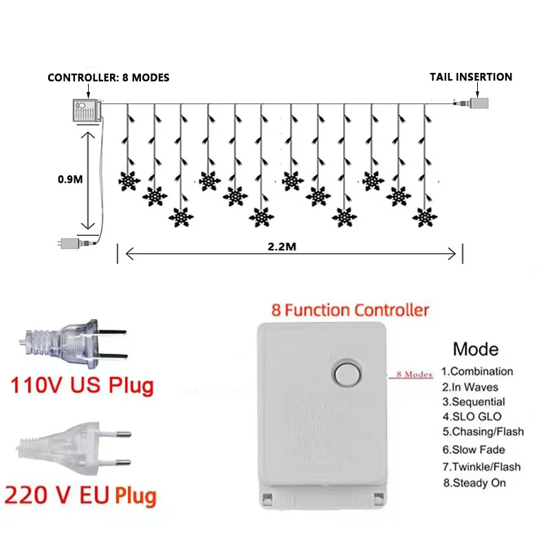3.1 متر عيد الميلاد الثلج LED سلسلة أضواء وامض الجنية الستار أضواء مقاوم للماء لقضاء عطلة حفل زفاف عيد الميلاد الديكور