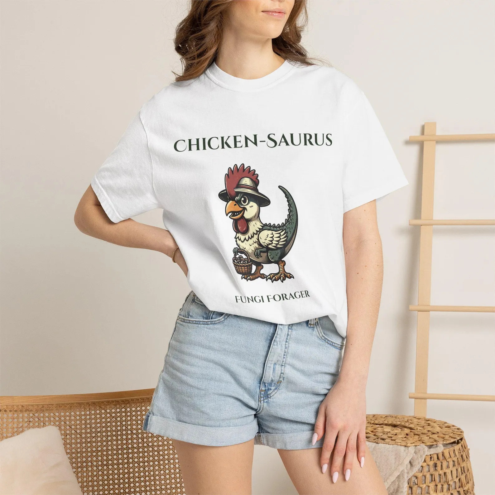 Chicken-Saurus Fungi Forager T-Shirt Funny Backyard Chicken Dinosaur Mushroom Hunting Shirt Rustic Farmcore Cottagecore Gift