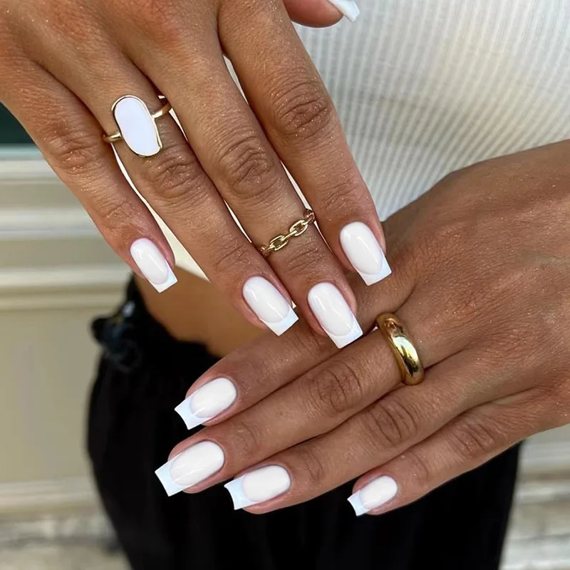 Press On Nails White French Square Set Reusable False Nail Tips_voghion.com