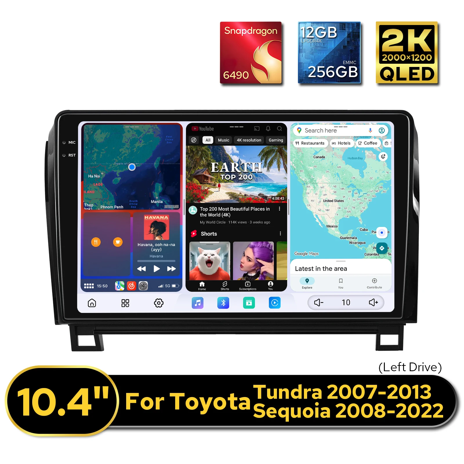 Estéreo de alta gama para coche Android para Toyota Tundra 2007-2013/Toyota Sequoia 2008+ 12GB 256GB 360 °   Puerto de cámara y USB tipo C