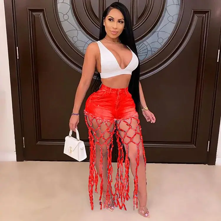 

High Waist Tassels Denim orts Women Splice Jeans ort Faionable Ladies' Casual Wear Winter Collection PU Fabric