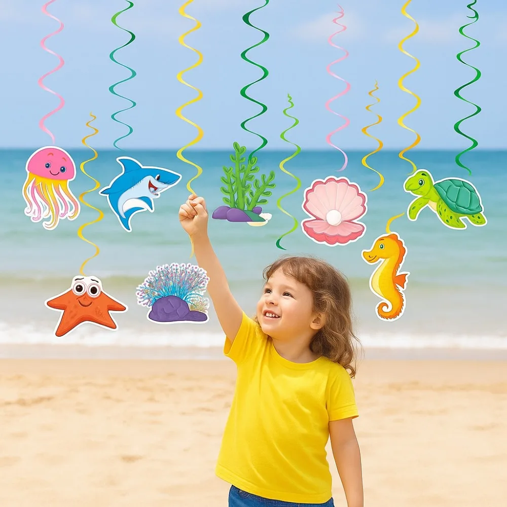 

Colorful Ocean Animals Hanging Flag Fish Octopus Waterproof Hawaiian Spiral Ornaments Paper Festival Summer Theme Pendant