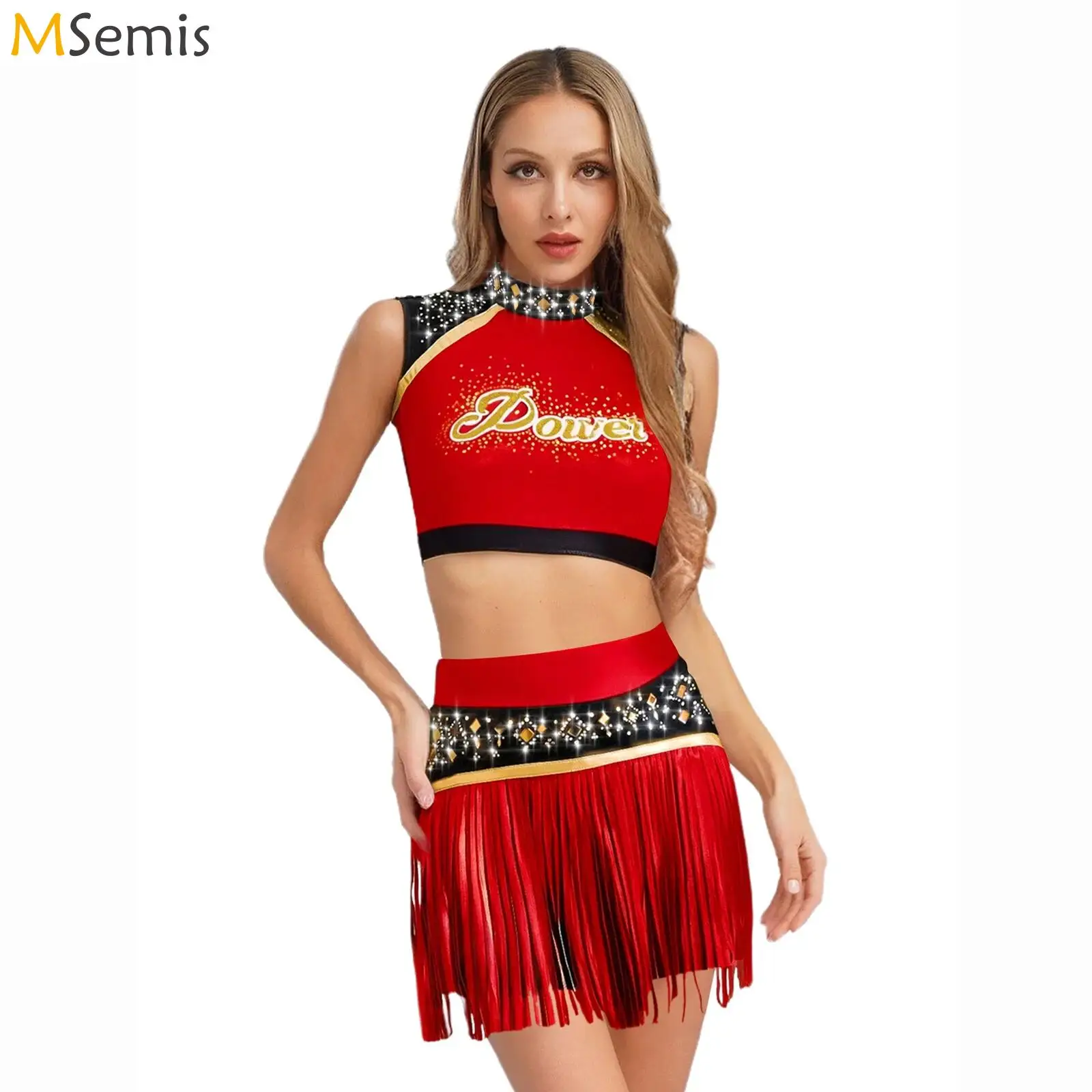 

2Pcs Women Cheerleading Costume Cheerleader Dance Outfits Long Sleeve Sequins Crop Top with Tassels Shorts Set Cheer Uniform