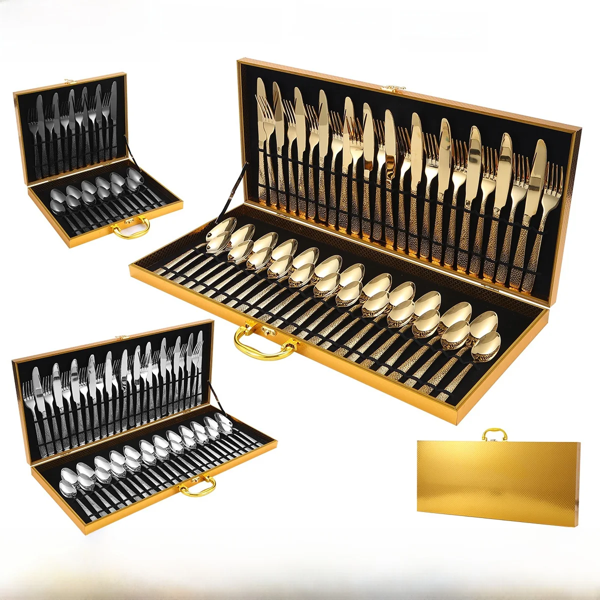 

Stainl Steel Western Dining Utensils Set Snake Skin Hammer Pattern 24/48 Pieces Golden Wood Box Steak Knife Fork Spoon