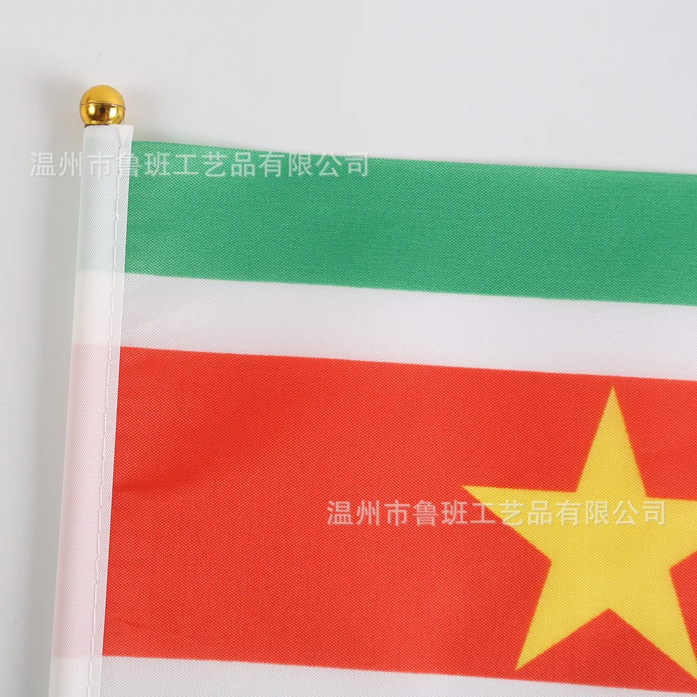 Suriname hand flag 14x21cm Polyester Fade-Resistance Suriname Hand Waving Flag with Plastic Flagpole for Events