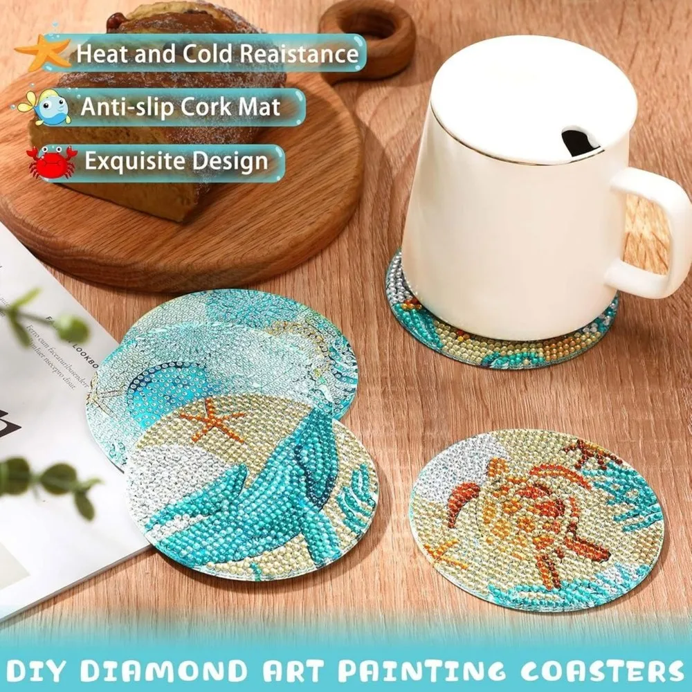 AC88-Coaster Set 1Set/8Pcs Ocean Art Painting DIY Crafts With Bracket, Adult Anti-Slip Art Supplies Gift
