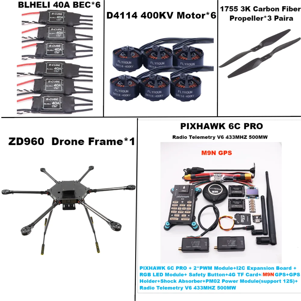 ZD960 PIXHAWK 6C PRO M8N M9N M10 Cadre Hexa-Rotor Entièrement en Fibre de Carbone, BLHELI 40A ESC, Contrôle de Vol, Ensemble de Télémétrie Rado