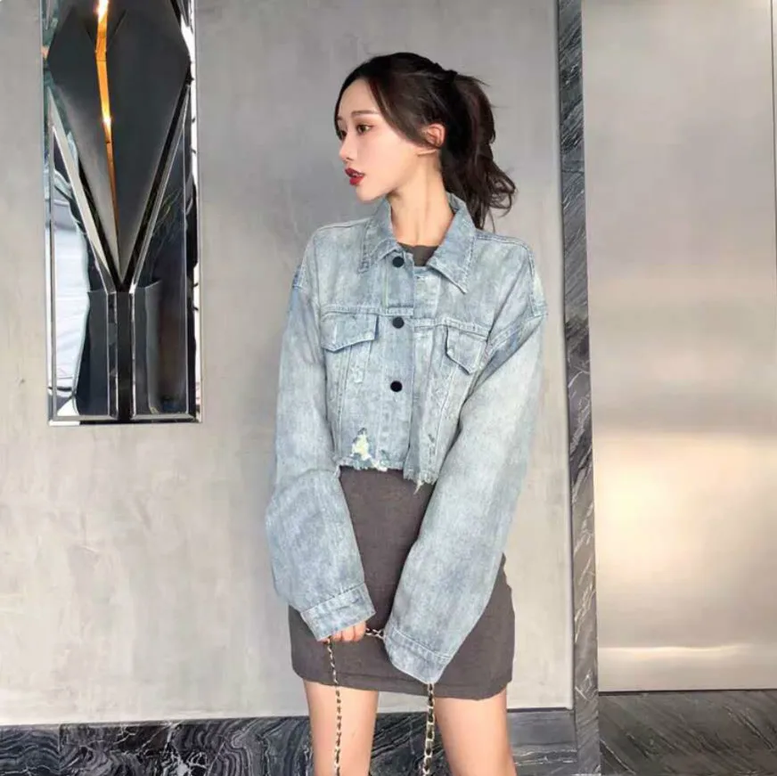 

Cropped Denim Varsity Jacket, Women's Hong Kong Style Open Front Shirt, Oversized Baseball Outerwear