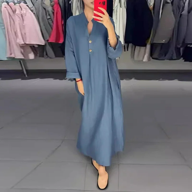 Spring Simple Casual Long Sleeve Loose Basic Dress Ladies Fashion Vestidos A-Line Long Party Dress Solid Color Muslim For Women