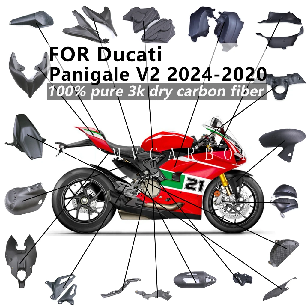 

Для Ducati Panigale V2 2024, 2023-2020: Комплект обтекателей из сухого карбона 3K (крыло, накладка на раму, фиксированное крыло, боковая панель топливного бака)