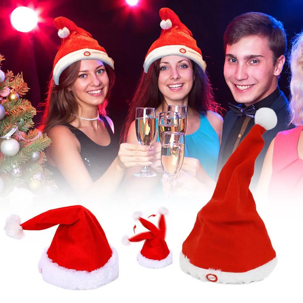 Nuevo sombrero eléctrico de Papá Noel, sombrero de Navidad para cantar y bailar, funciona con pilas, sombrero de Papá Noel oscilante de felpa roja, decoración, regalo de vacaciones