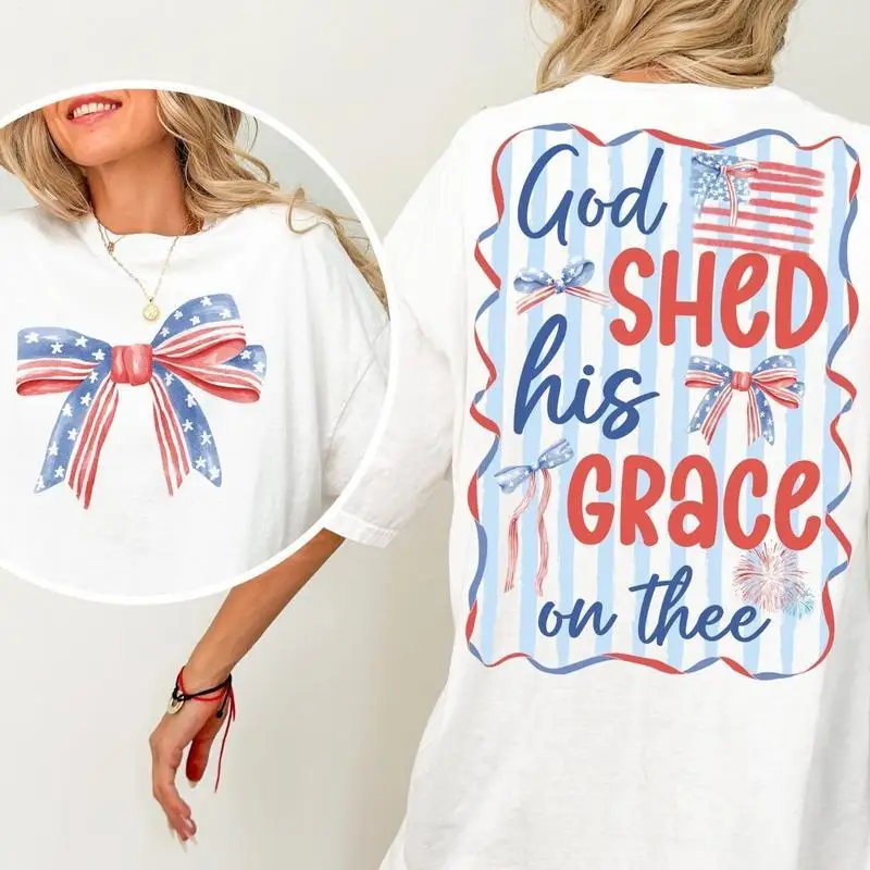 

Women's Loose Fit Patriotic T-Shirt, American Flag Bow Print on Front, God Shed His Grace On Thee Back Graphic Tee,Summer Casual