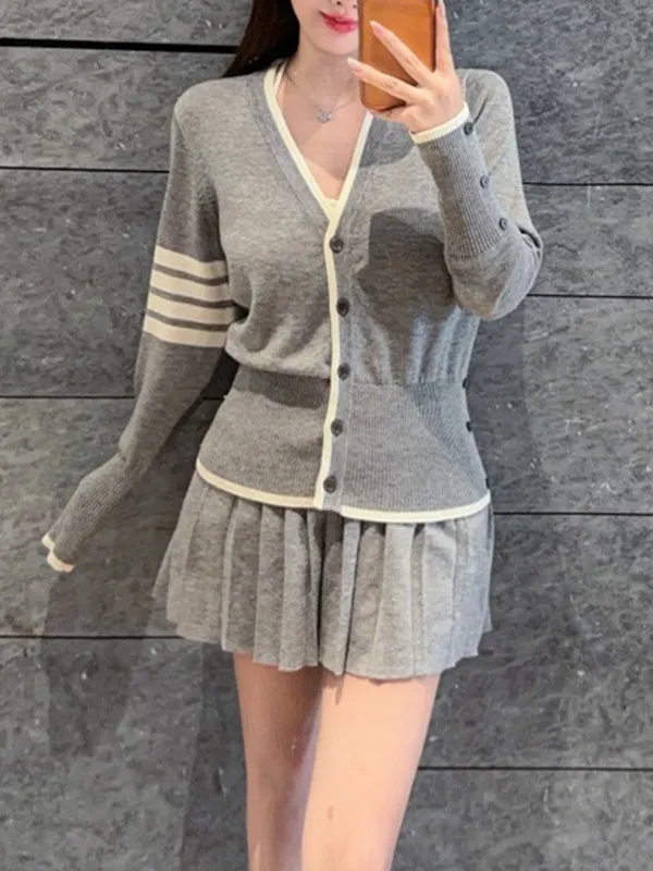 High-End Version V-Neck Knitted Open Cardigan Skirt Set Women's Fashion Autumn Winter College Style Age-Defying Four-Bar Pattern