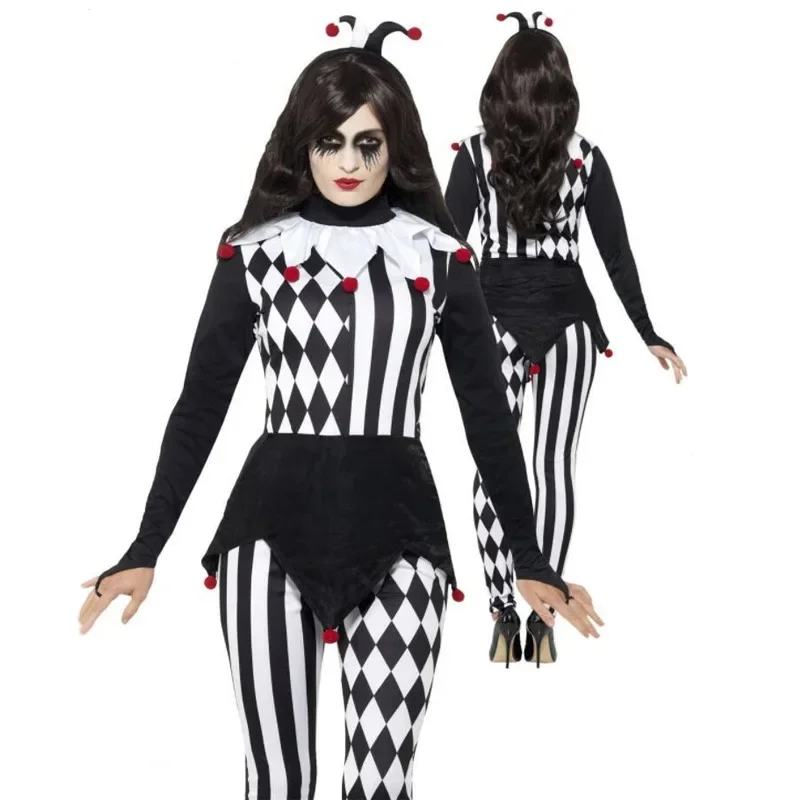 ผู้หญิง Killer Clown เครื่องแต่งกายผู้ใหญ่คอสเพลย์ Terror Clown Jumpsuits ฮาโลวีนตลกน่ากลัวเสื้อผ้าสีขาวสีดําลาย Clown ชุด