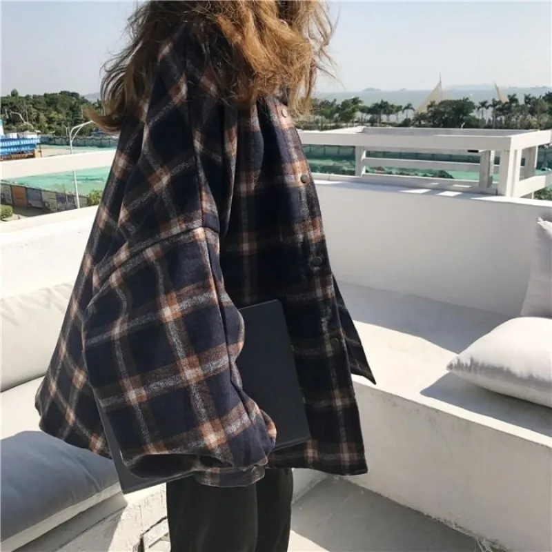 QWEEK Oversized Plaid Shirt Women Vintage Korean Fashion Casual Latern Sleeve Streetwear Button Up Blouses Youth Autumn Clothes