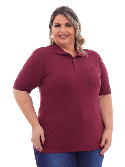 Plus Size Wine Striped Women Polo Shirt with Pocket