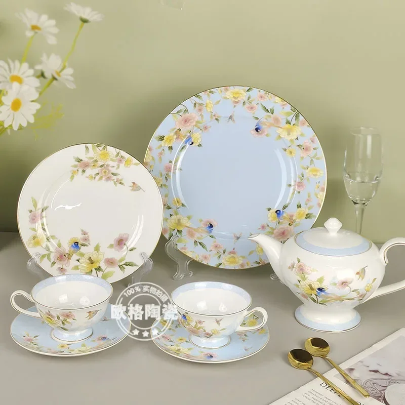 

Bird Language and Flower Fragrance Western Cuisine Plate Double Teacup and Saucer Teapot Set Coffee Set Bone China GiftPorcelain