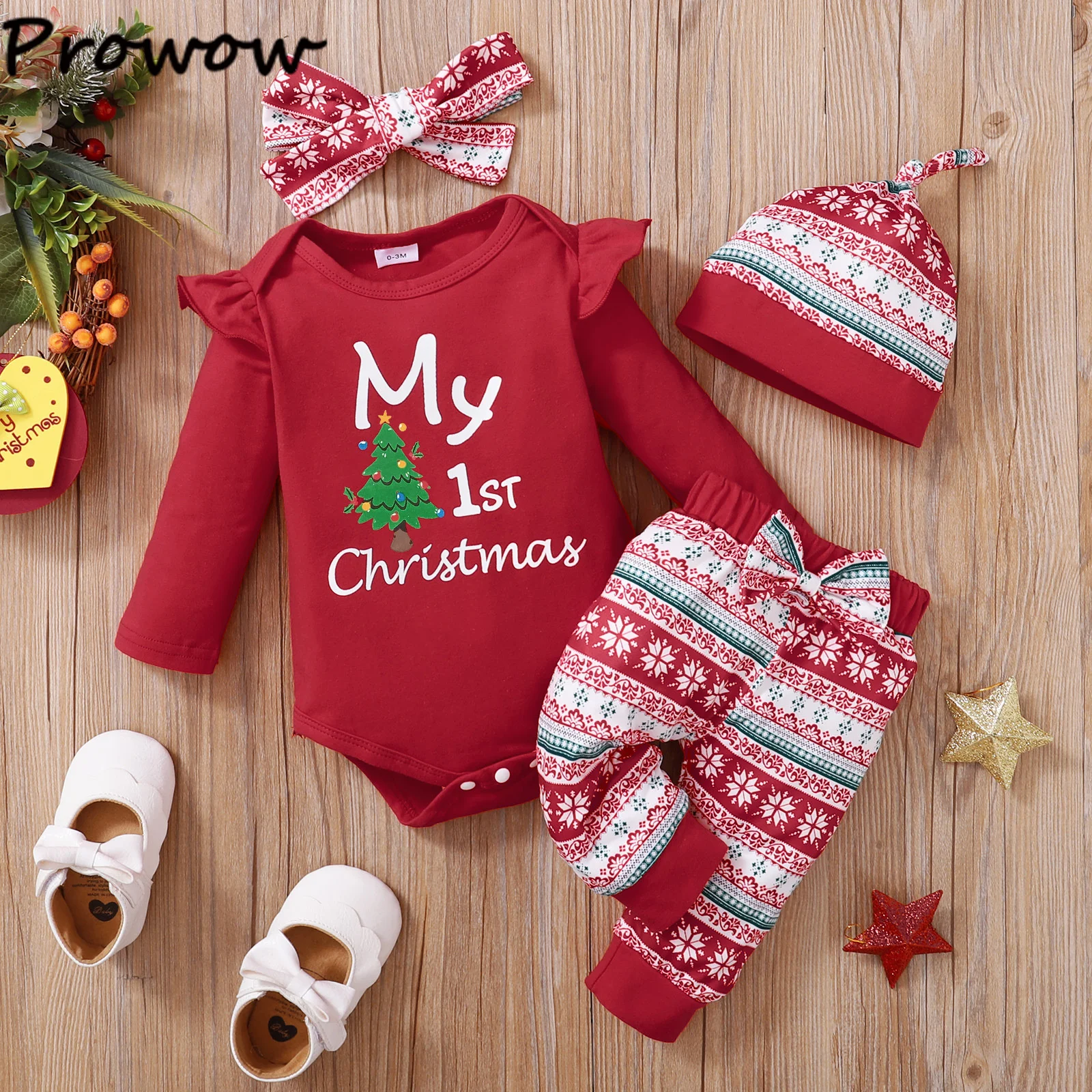 Prowow 4pcs Sets My First Christmas Baby Outfits Red Letter Romper+Pants+Hat+Headband Newborns New Year Costume For Babies