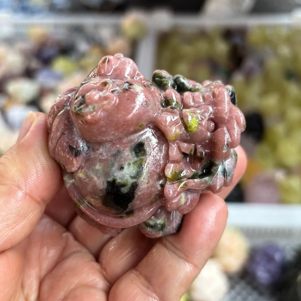 1PCS Natural Peach Blossom Tourmaline Pixiu Dragon Turtle Carving Polished Reiki Healing Feng Shui Energy Room Decor Gift