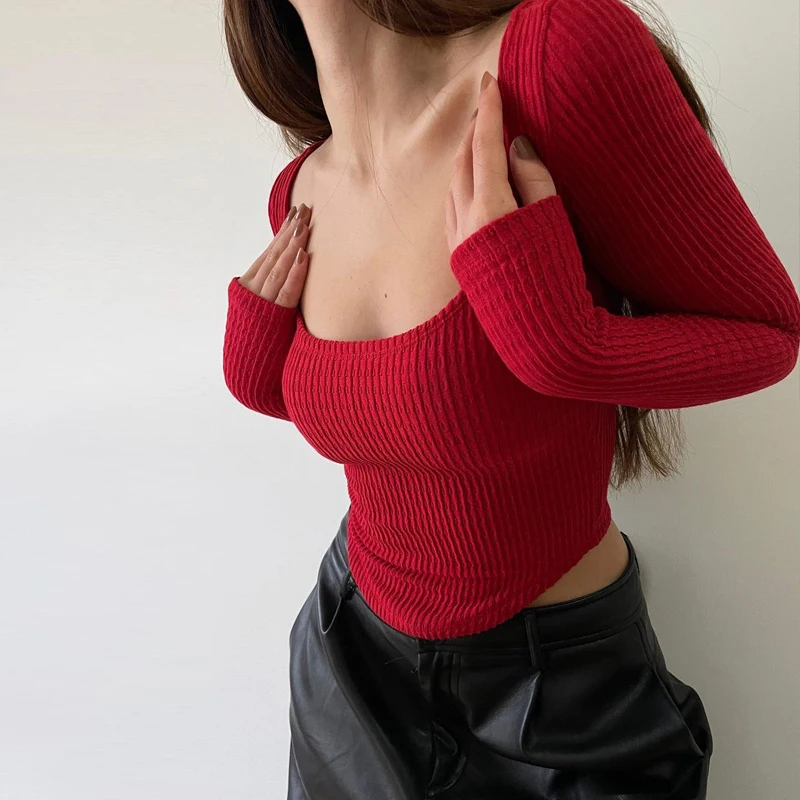 WhereMery Square Neck Long Sleeve Ribbed Knit T Shirt 2022 Women Autumn Winter Casual Crop Top Streetwear Y2K Basic Tops Tees