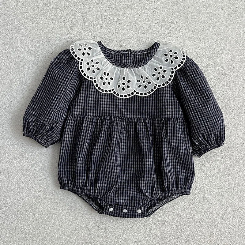 Infant Baby Girls Rompers Newborn Kids Baby Girls Long Sleeve Lace Collar Grid Princess Rompers Baby Girls Rompers Clothes