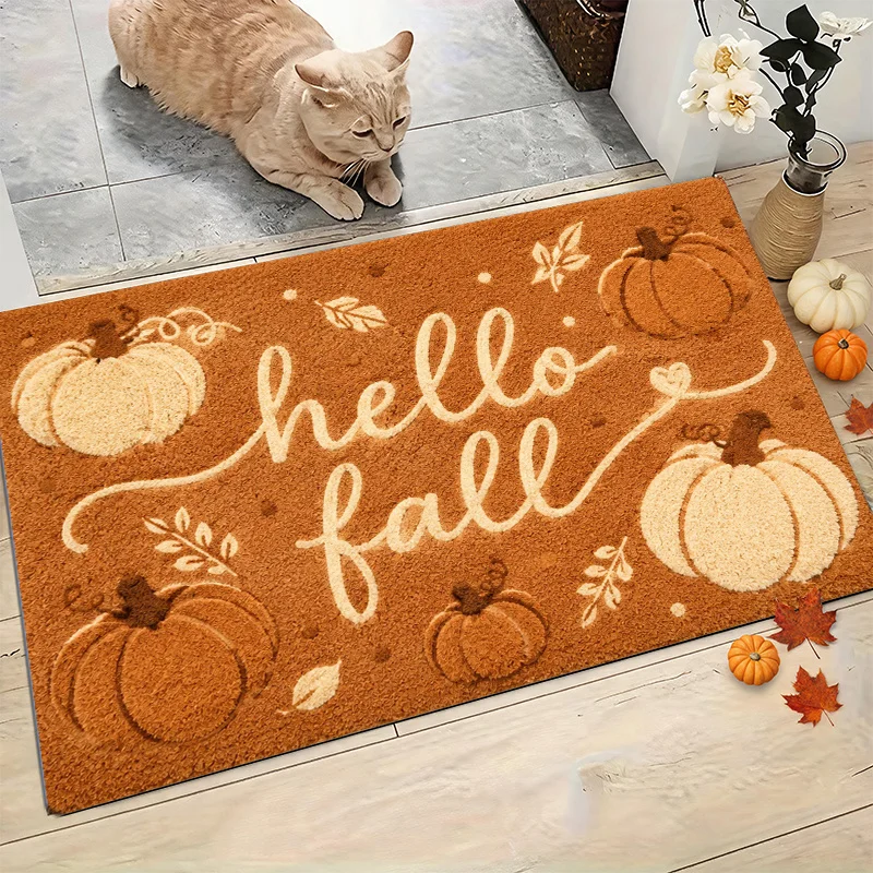 Sage Green Hello Pumpkin White Script Leaf Print Washable Durable Kitchen Floor Mat For Autumn Harvest Season Home Touch