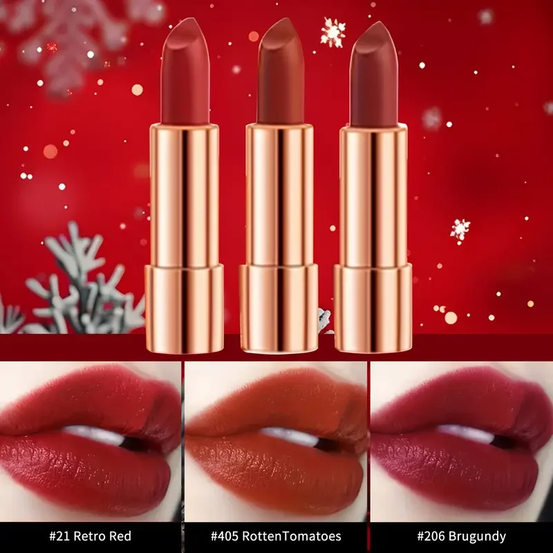 3pcs Velvet Lipstick with Chain Bag Gift Waterproof Non-Stick Long-Lasting Rotating Lipstick Makeup Set for Valentine's Day Gift