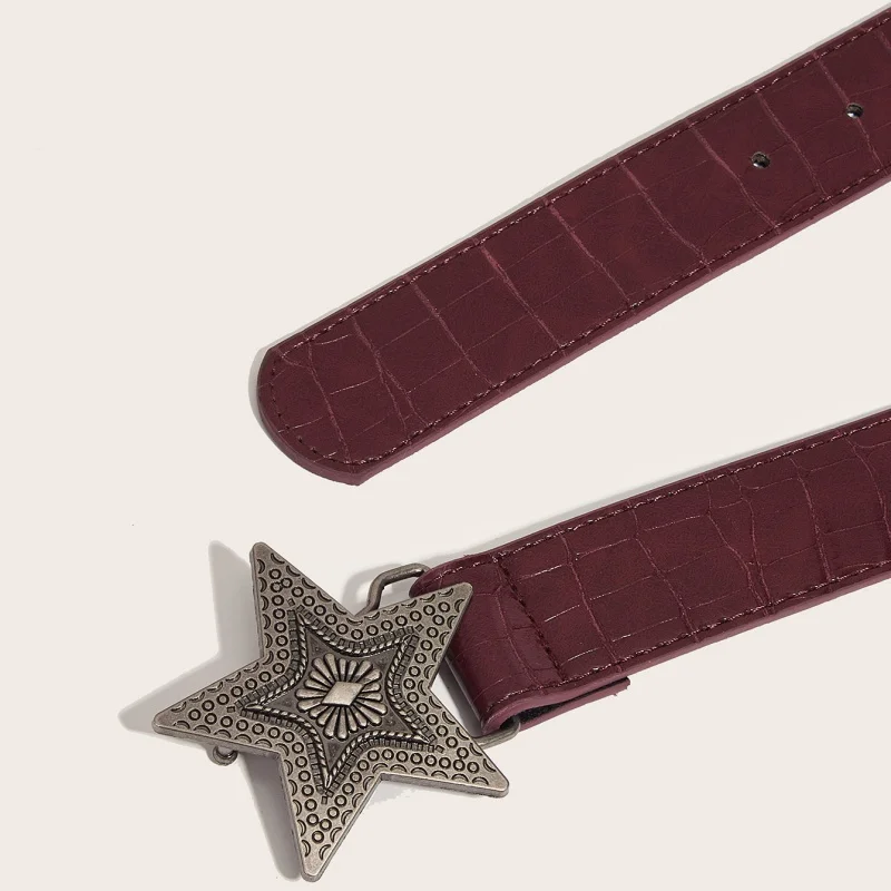 Hip-hop Retro Ladies Belts Gothic Punk Five-pointed Star Buckle Pu Leather Girdle Rock Y2k Popular Wine Red Waistband Belt
